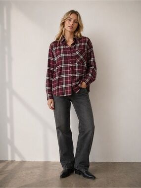 NWT Boyfriend plaid red black white button shirt long sleeve rayonne small